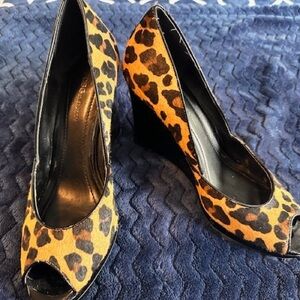 BCBGeneration Leopard Print Peep-Toe Wedge Heels in Tan and Black